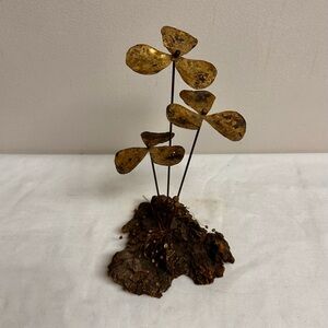 Mid Century Brutalist Brass Copper Floral Sculpture on Natural Wood Base